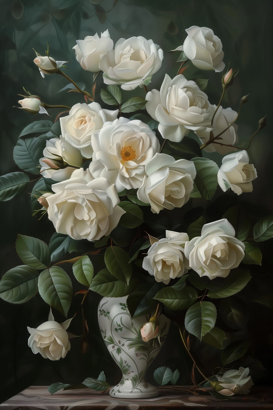 Witte rozen in schaduw — volledig ontwerp