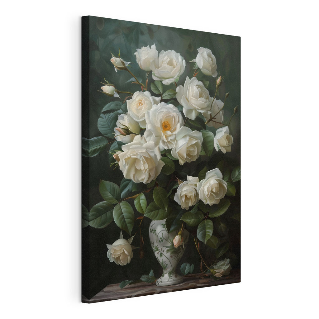 Witte rozen in schaduw, gespannen canvas met doorlopende rand
