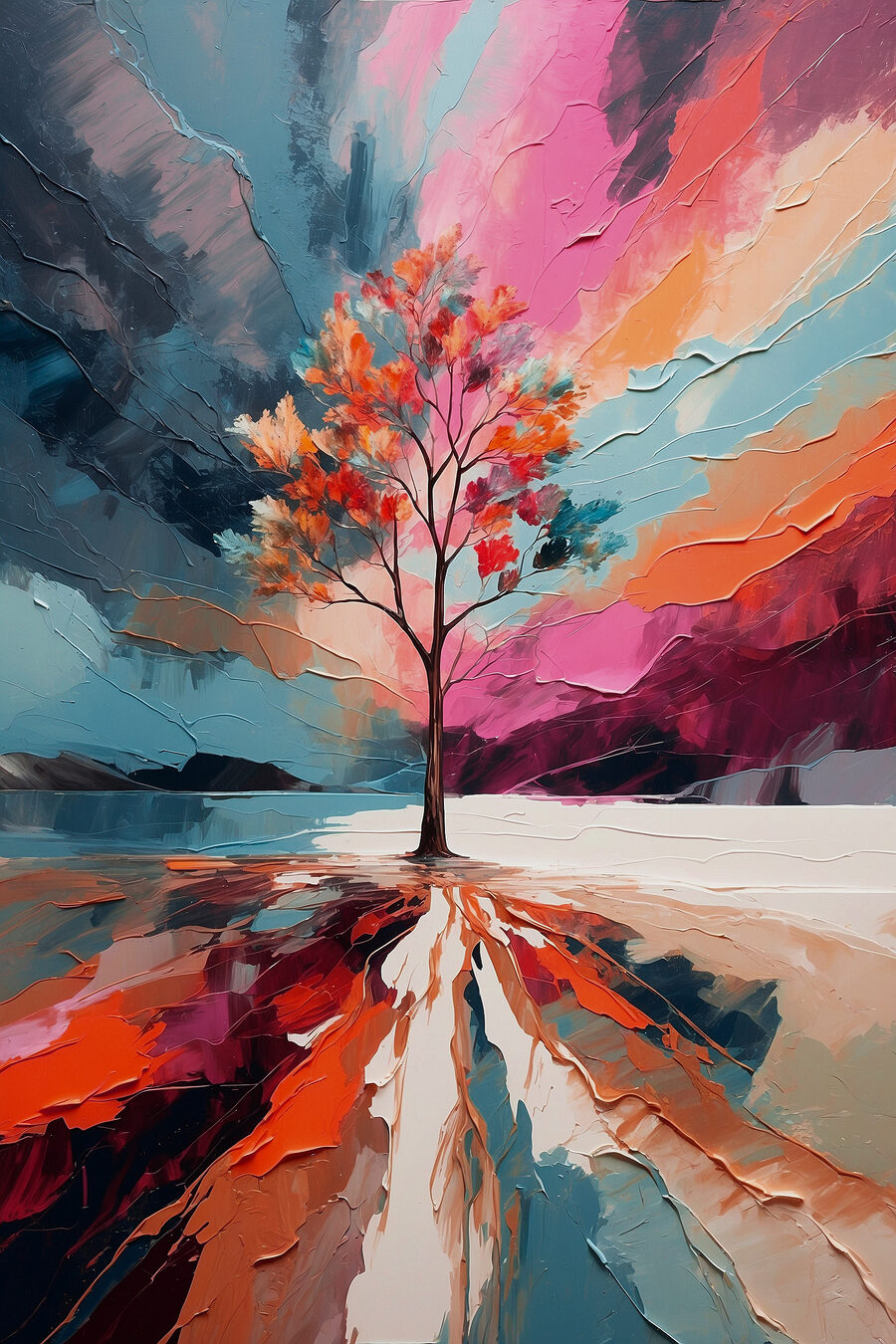 Herfstboom boven een kleurenpad — volledig ontwerp