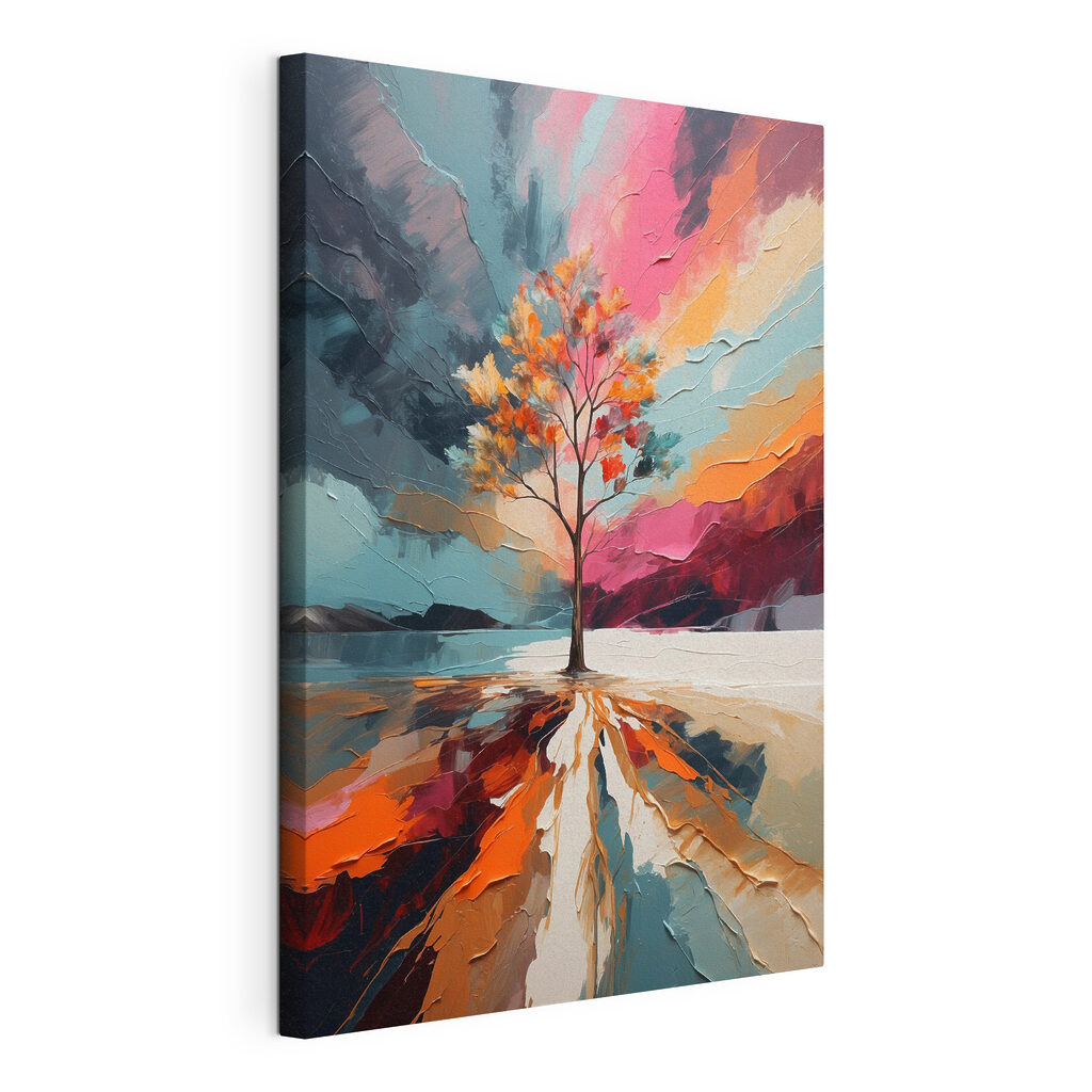 Herfstboom boven een kleurenpad, gespannen canvas met doorlopende rand