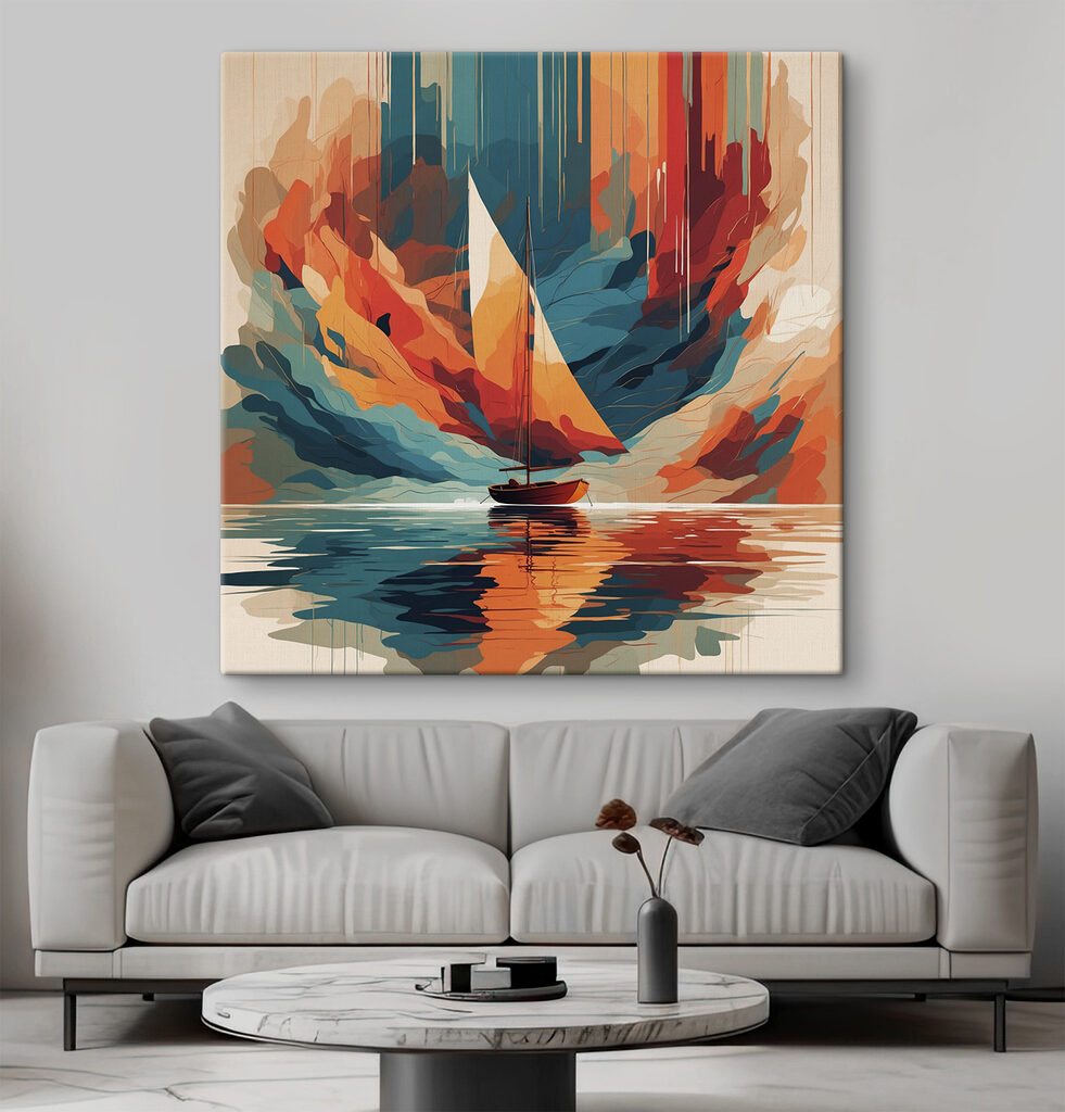 Zeilboot op water met kleurrijke wolken — interieur 1