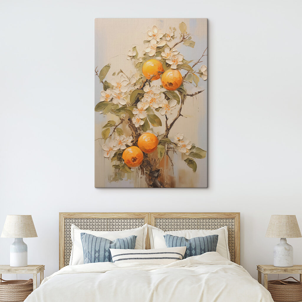 Sinaasappels tussen witte bloesem in een interieur