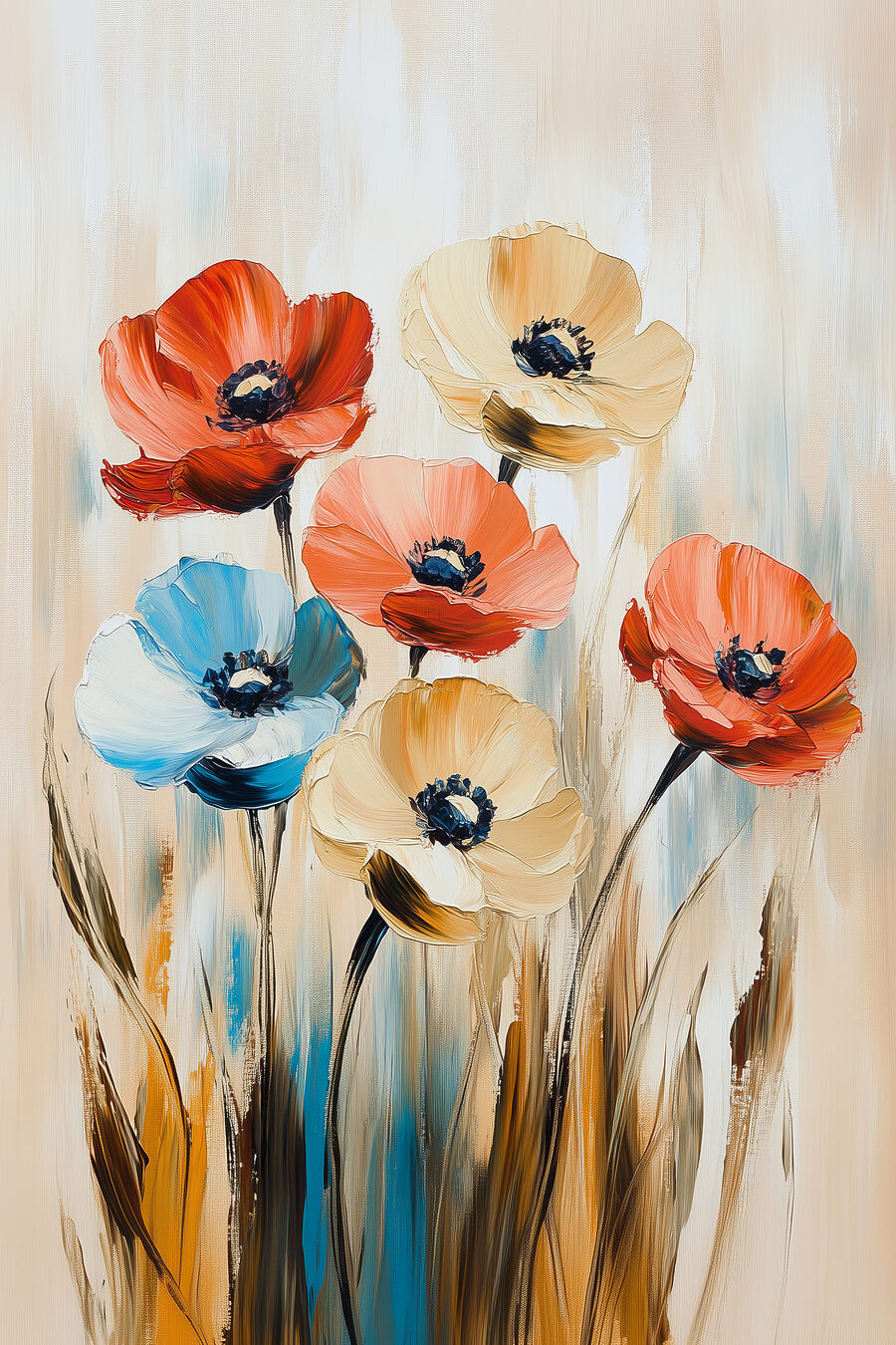 Bloemen tussen blauwe grashalmen — volledig ontwerp