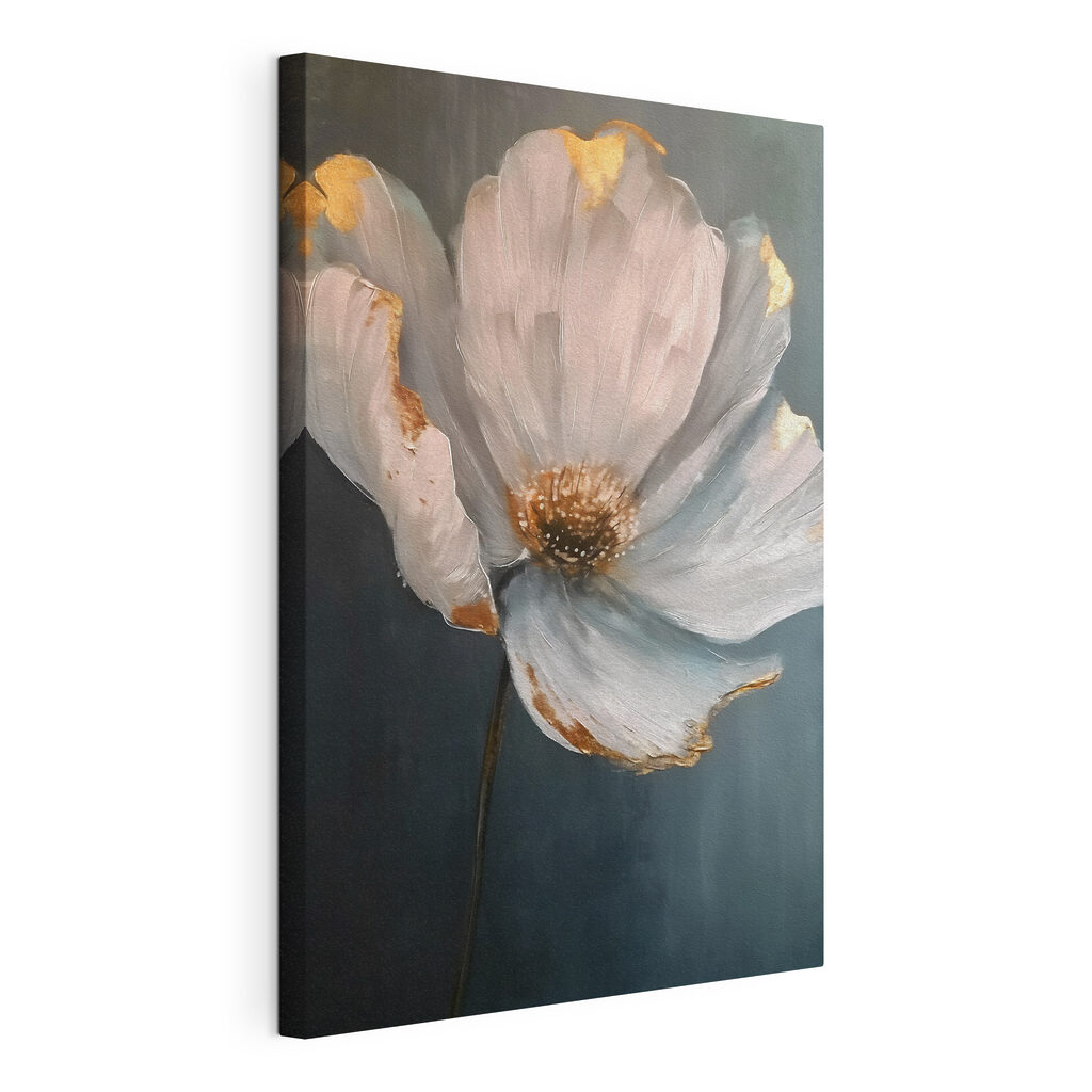 Een bloem aan donkerblauw, gespannen canvas met doorlopende rand