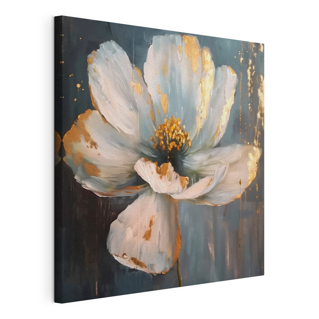 Witte bloem draagt goud, gespannen canvas met doorlopende rand
