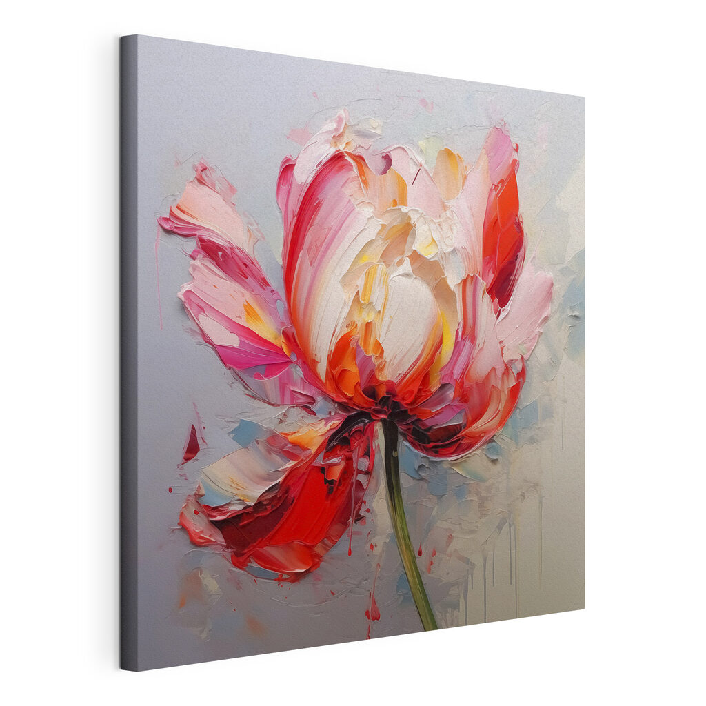 Tulp in roze streken, gespannen canvas met doorlopende rand