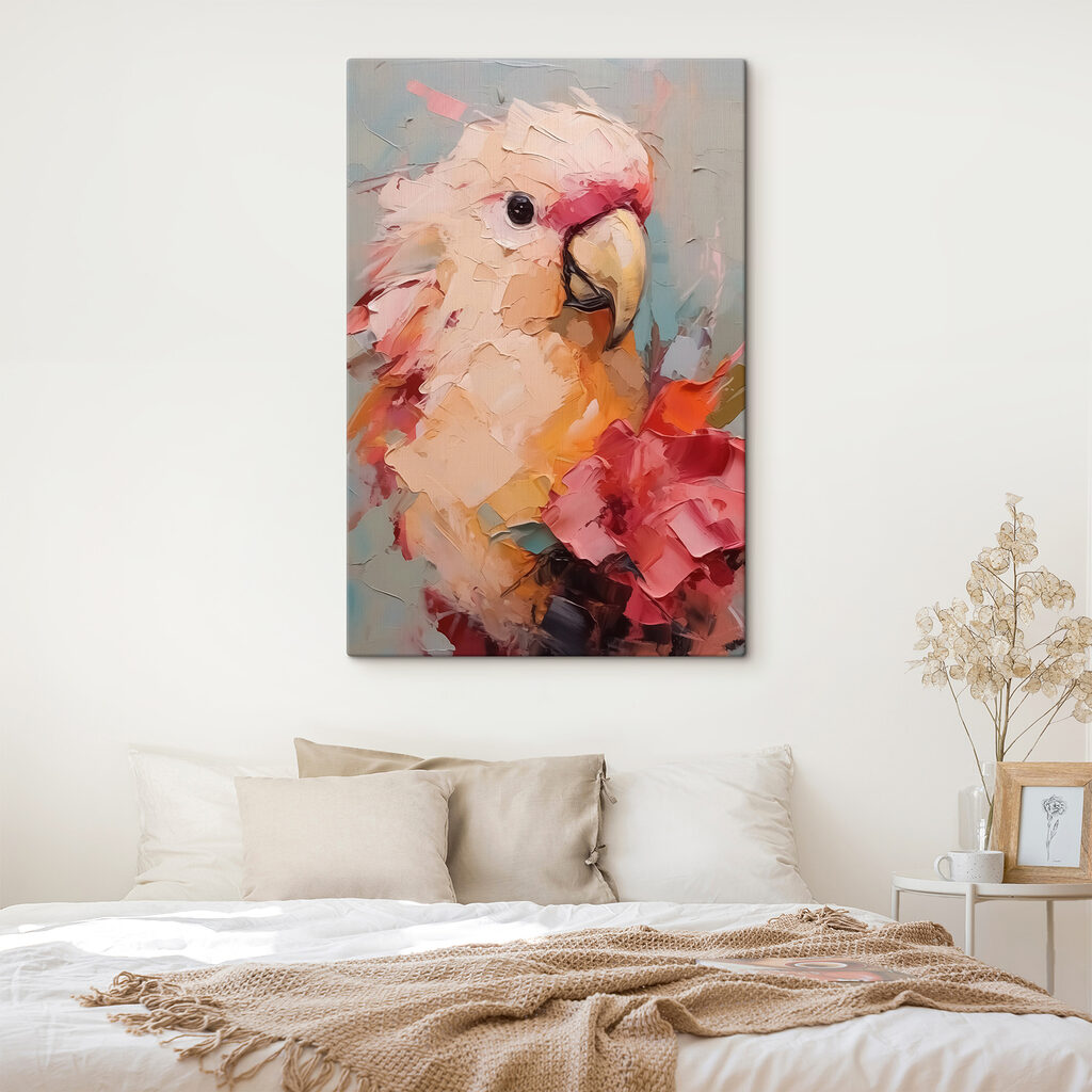 Schilderij van een papegaai in een interieur