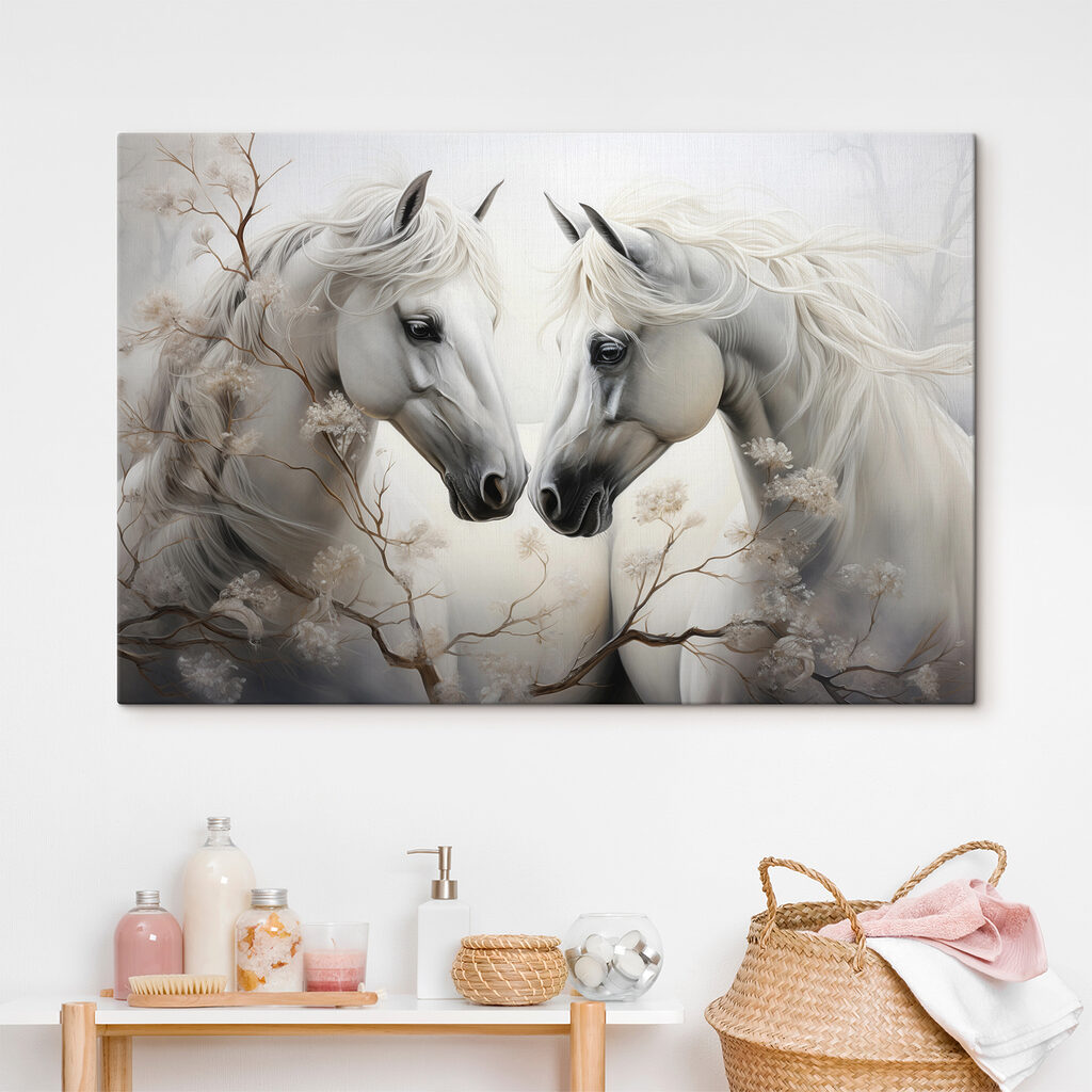 Twee witte paarden met lange manen in een interieur
