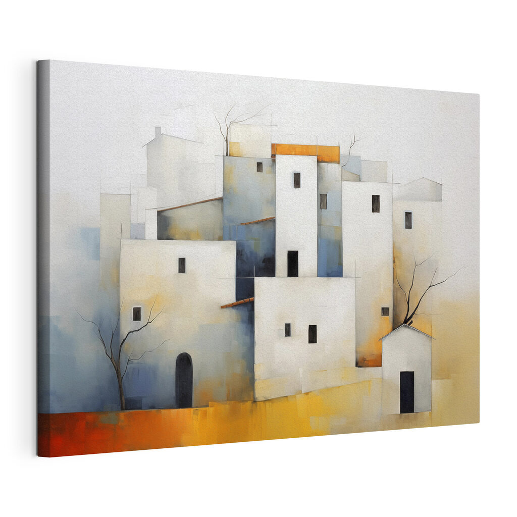 Witte huizen als blokken, gespannen canvas met doorlopende rand