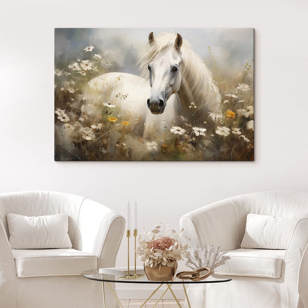 Wit paard in een bloemenveld in een interieur