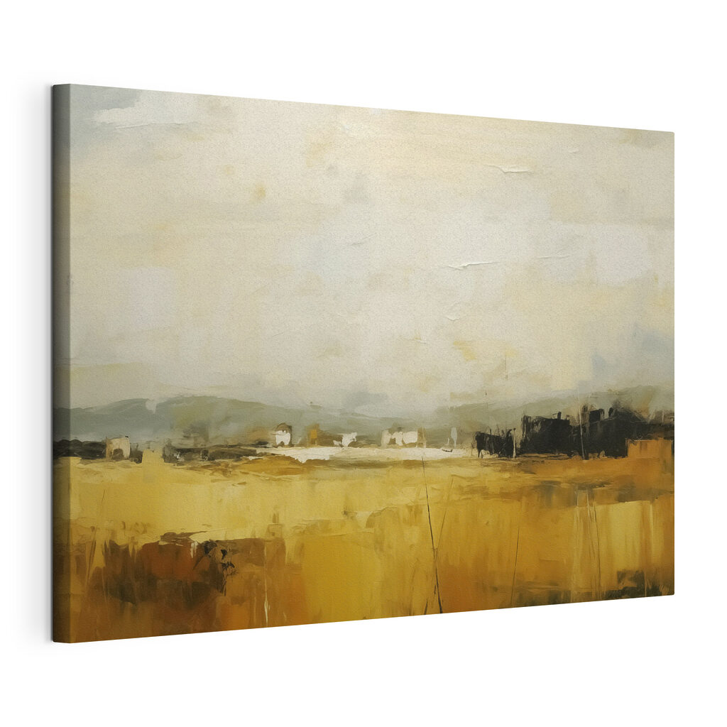 Een horizon boven okervelden, gespannen canvas met doorlopende rand