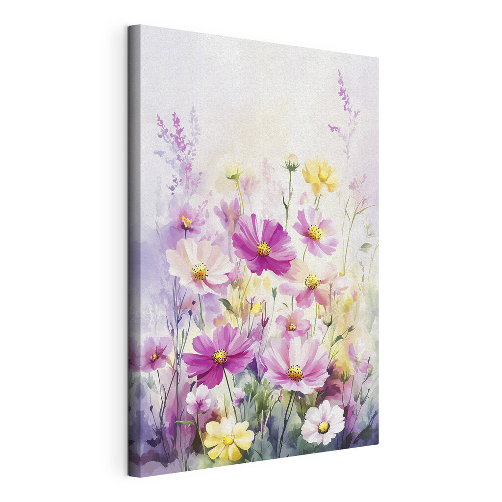Veldbloemen in vrolijke aquarel, gespannen canvas met doorlopende rand