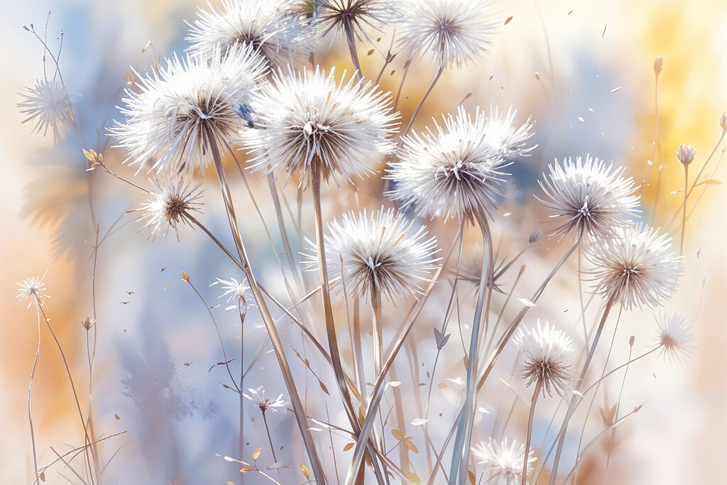Pluisbloemen in warm licht — volledig ontwerp