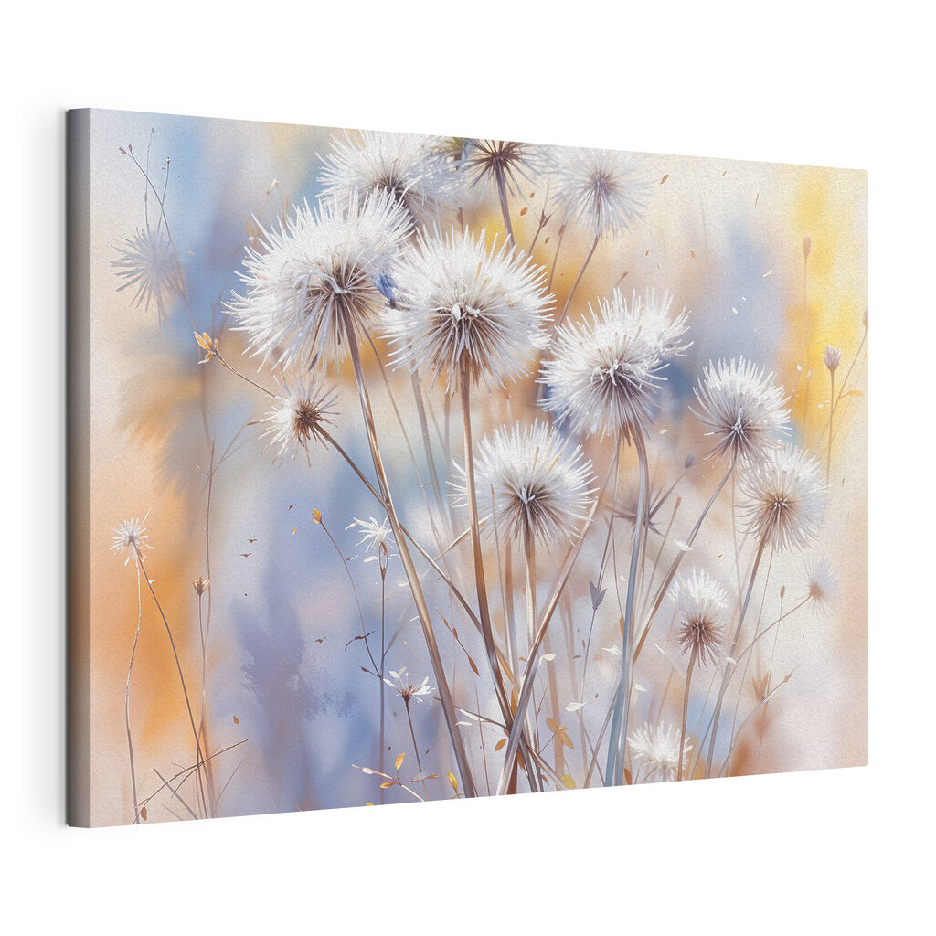 Pluisbloemen in warm licht, gespannen canvas met doorlopende rand