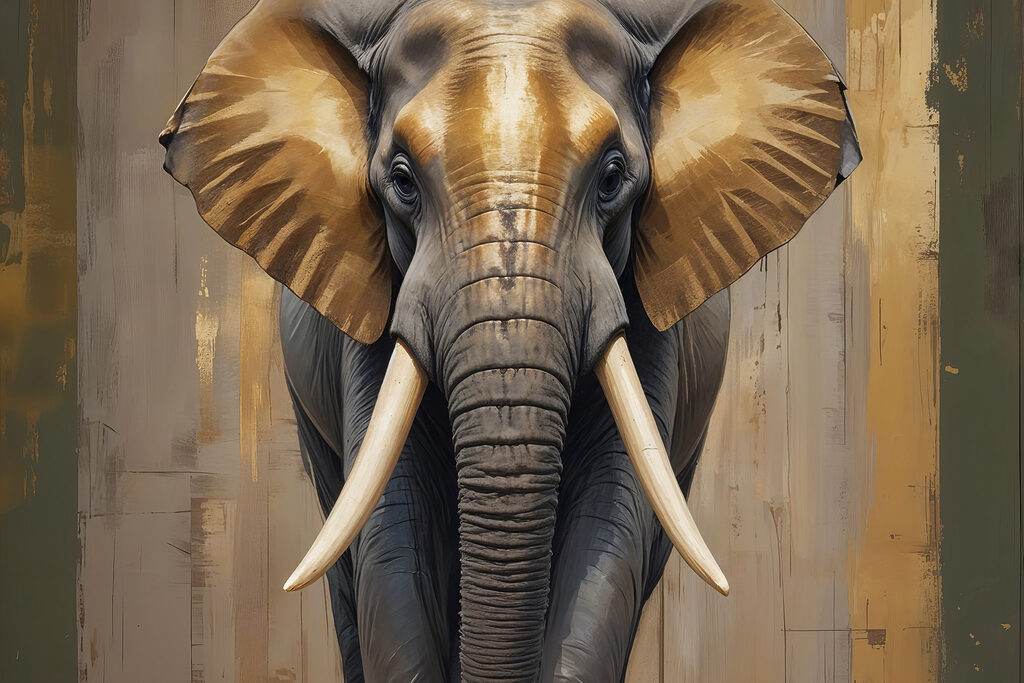 Olifant in gouden lichtvlakken — volledig ontwerp