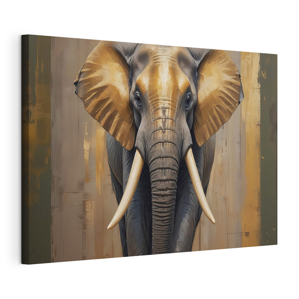 Olifant in gouden lichtvlakken, gespannen canvas met doorlopende rand
