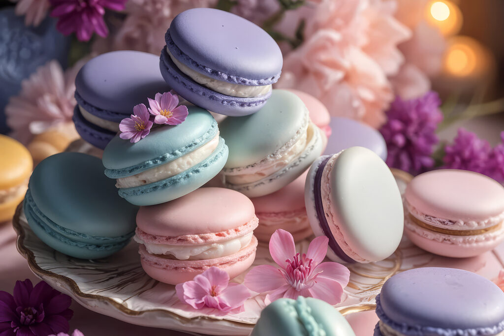 Macarons tussen lila bloemen — volledig ontwerp