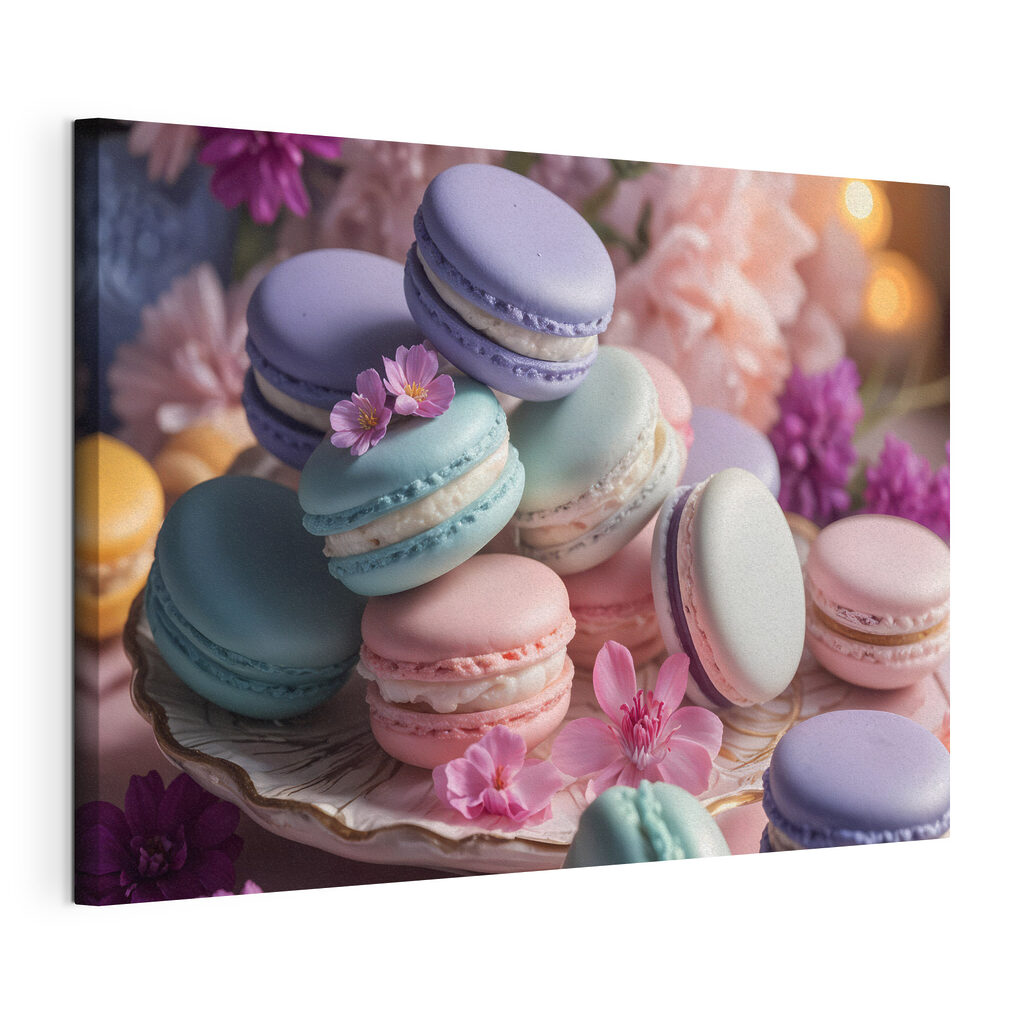 Macarons tussen lila bloemen, gespannen canvas met doorlopende rand