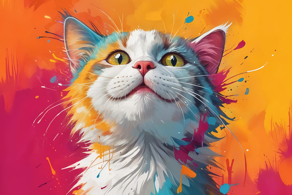 Kat kijkt naar kleurspatten — volledig ontwerp