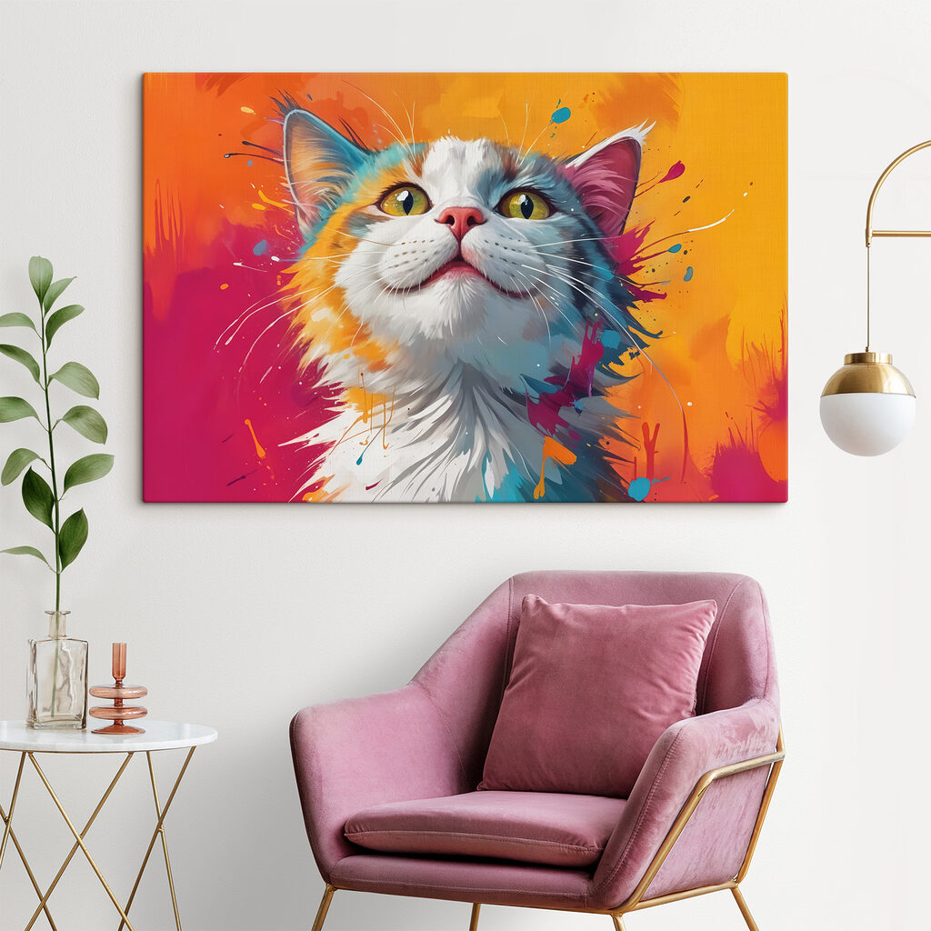 Kat kijkt naar kleurspatten — interieur 1