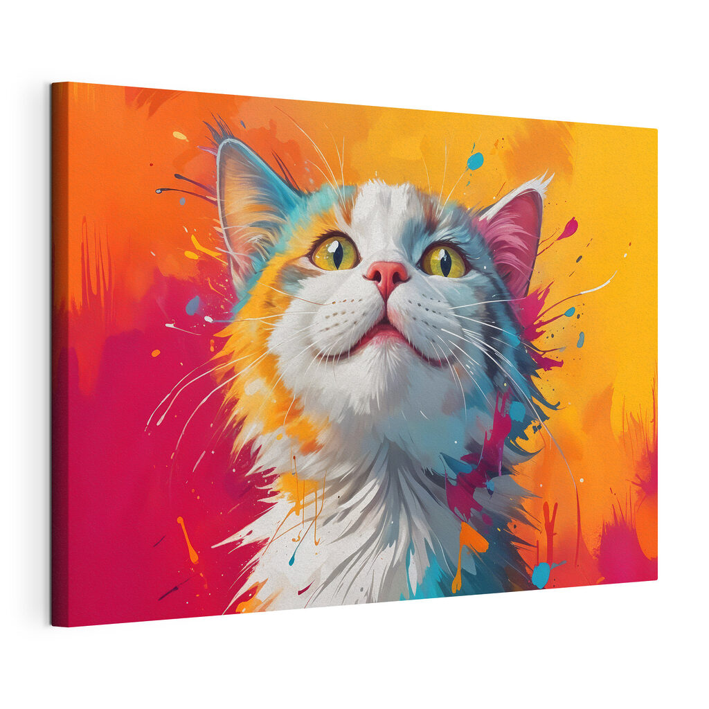 Kat kijkt naar kleurspatten, gespannen canvas met doorlopende rand