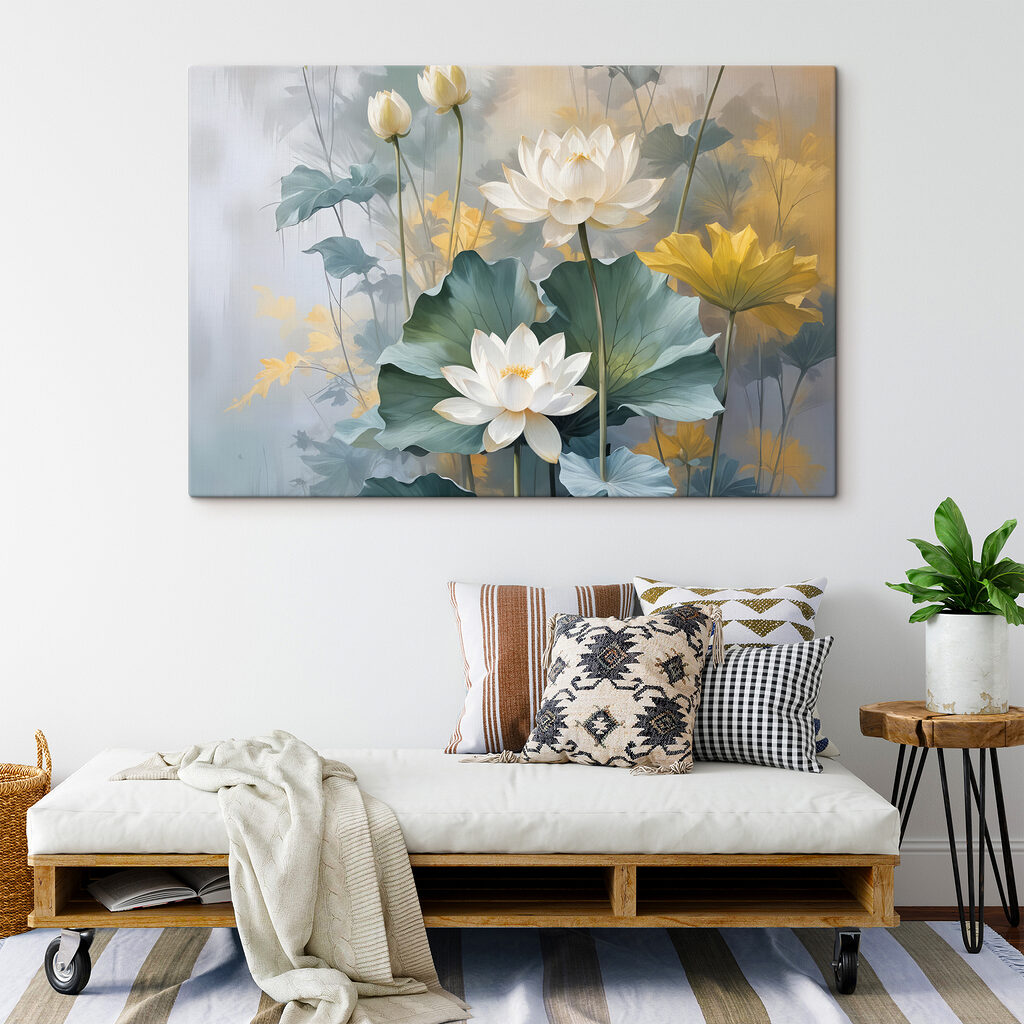 Schilderij van witte bloemen en groene bladeren in een interieur