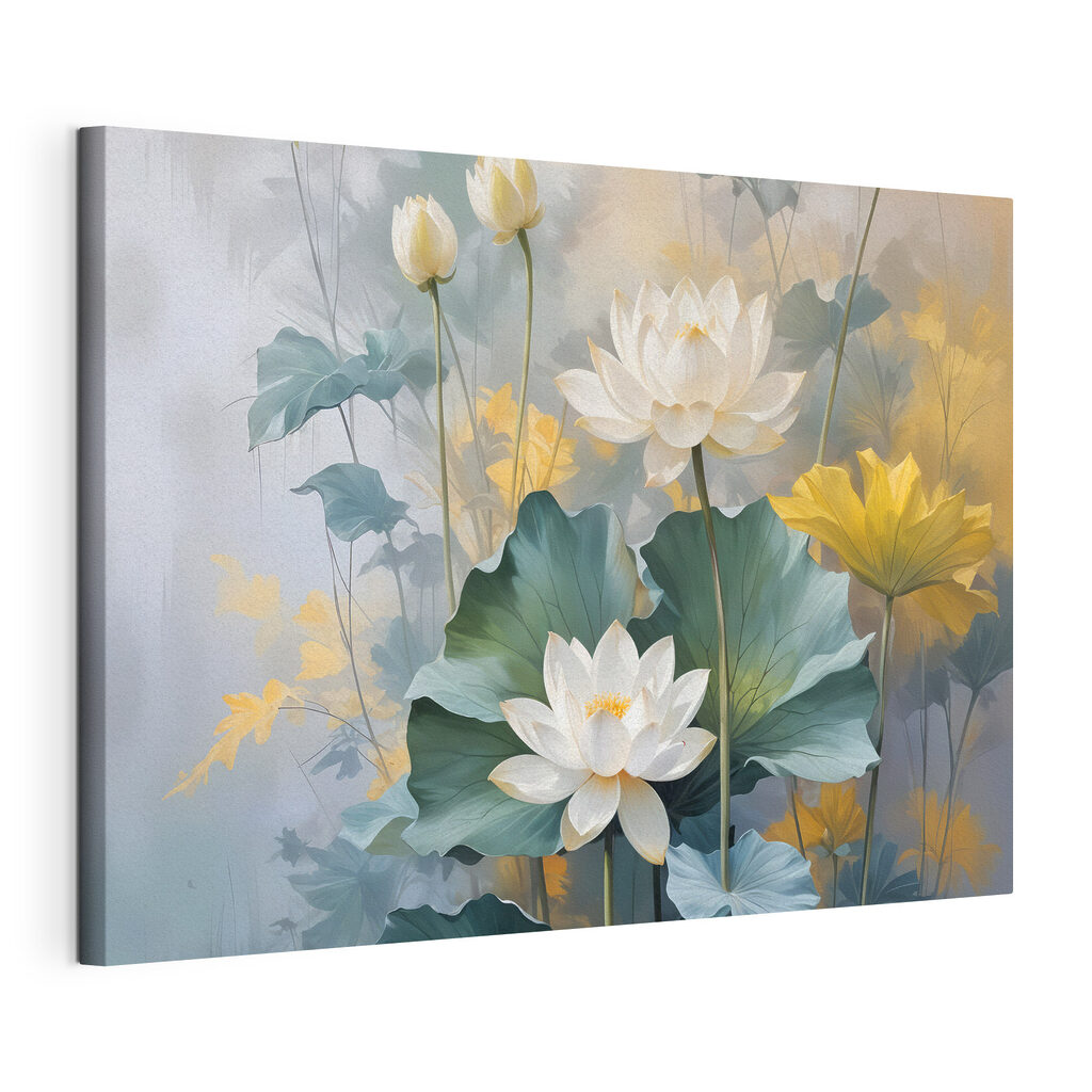 Lotussen in zonnige tinten, gespannen canvas met doorlopende rand