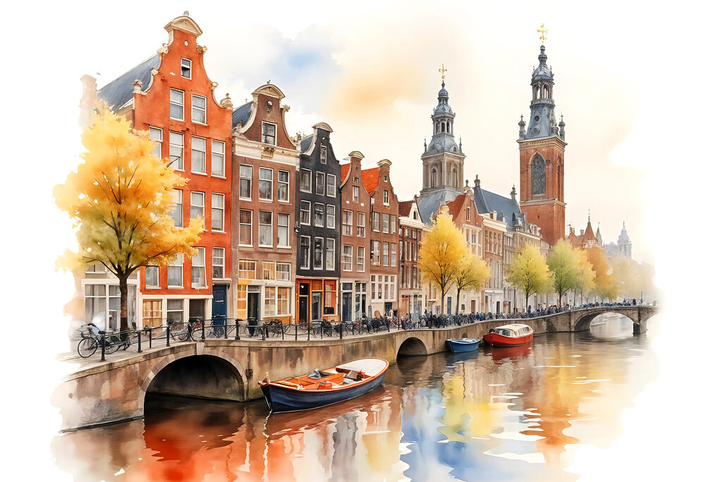 Amsterdam in gouden aquarel — volledig ontwerp
