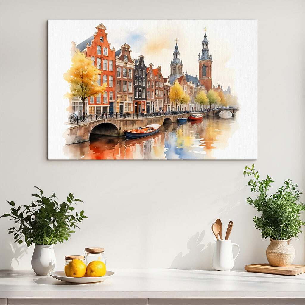 Aquarel van een kanaal met boten en gebouwen in een interieur