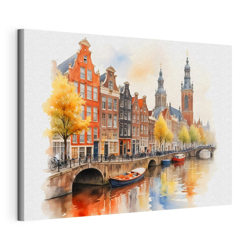 Amsterdam in gouden aquarel, gespannen canvas met doorlopende rand