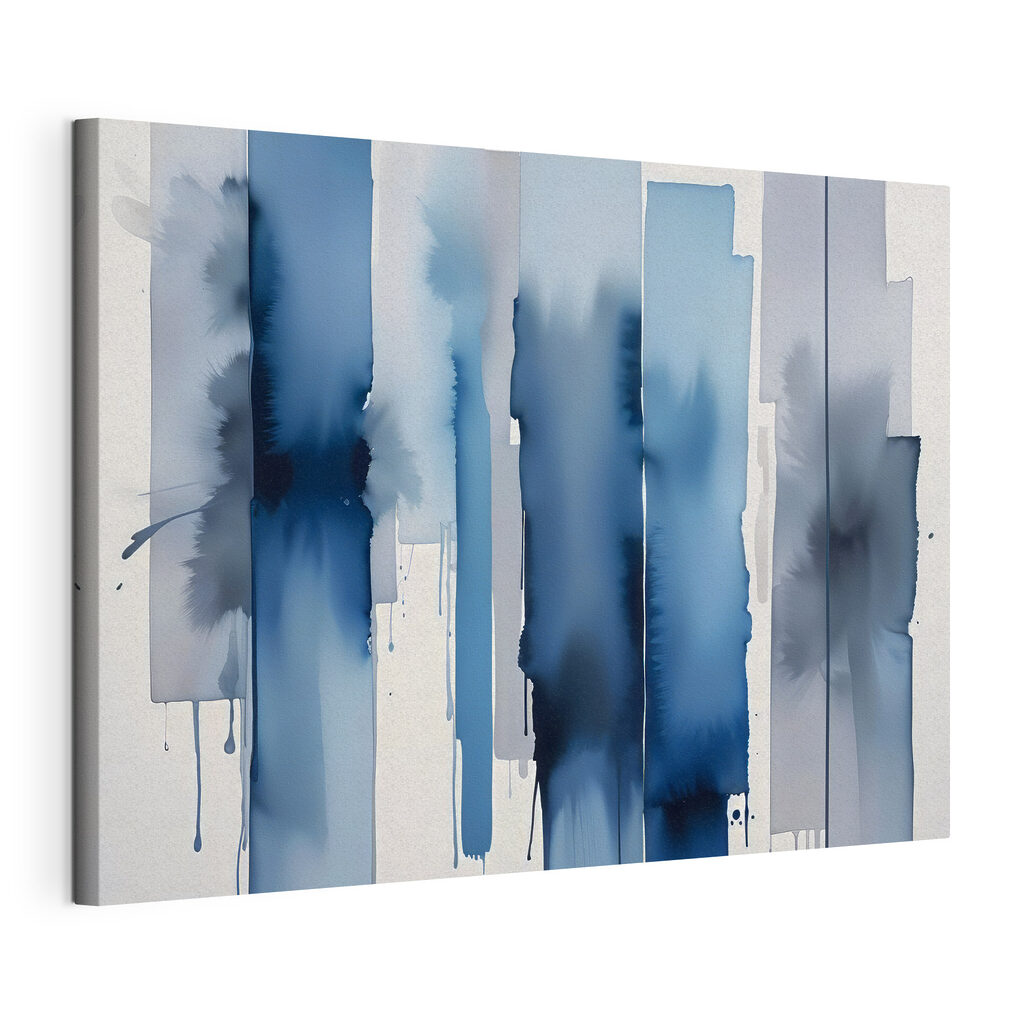 Blauwe strepen met druppels, gespannen canvas met doorlopende rand