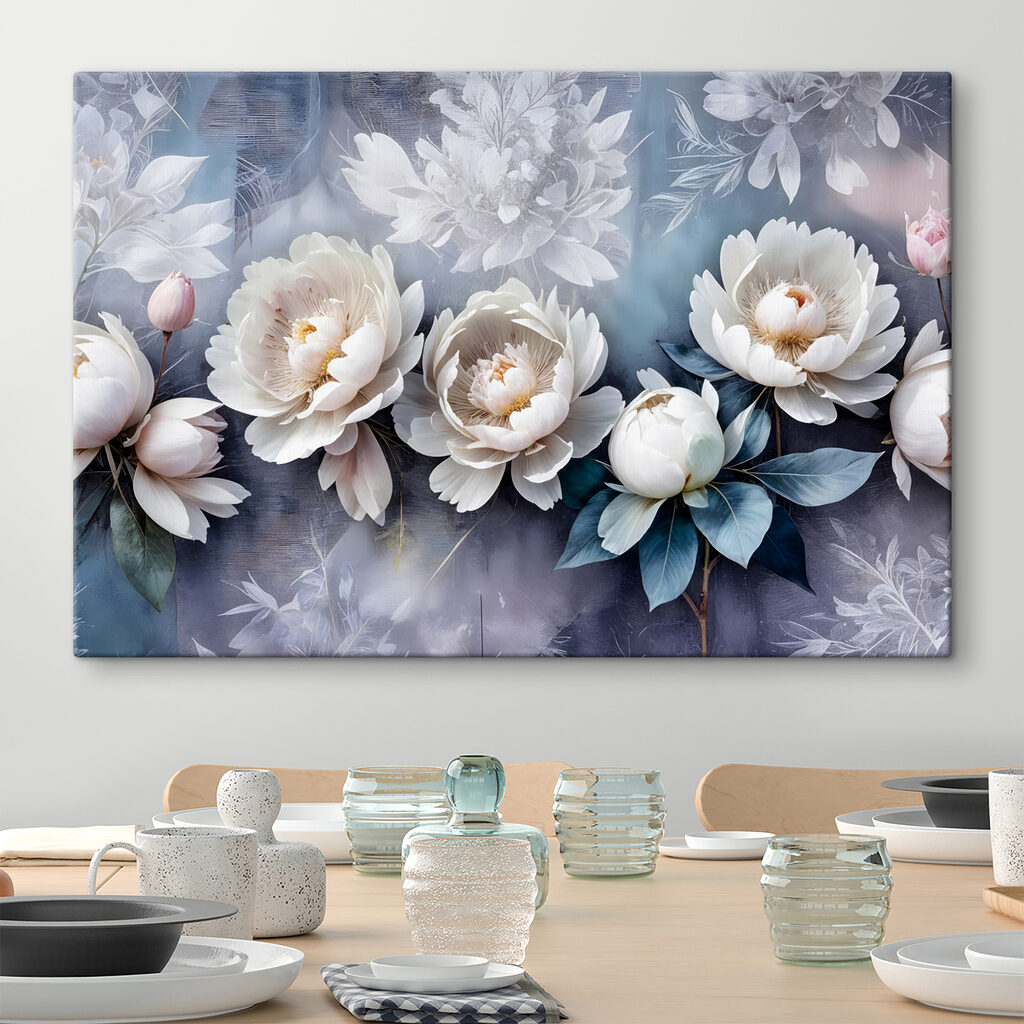 Witte pioenrozen op grijsblauw — interieur 2