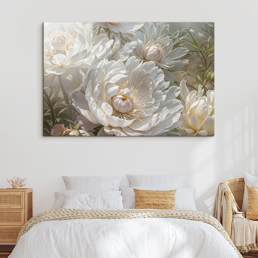 Witte pioenrozen tussen grijsgroen — interieur 1