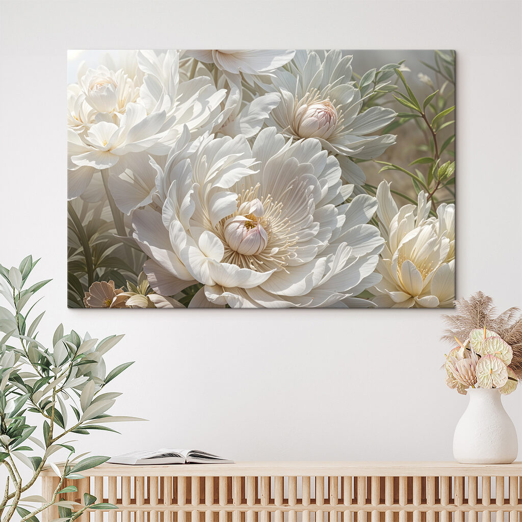 Witte pioenrozen tussen grijsgroen — interieur 2