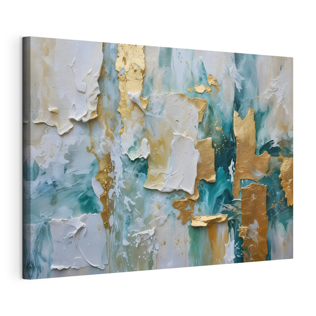Turquoise verf met goudaccenten, gespannen canvas met doorlopende rand