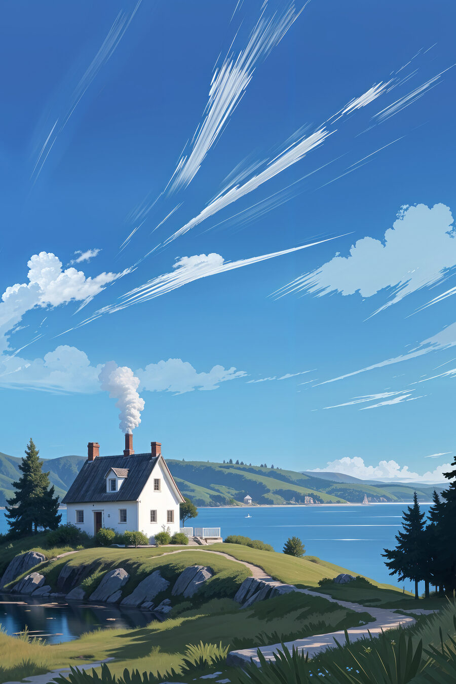 Wit huis onder wolkenstrepen — volledig ontwerp