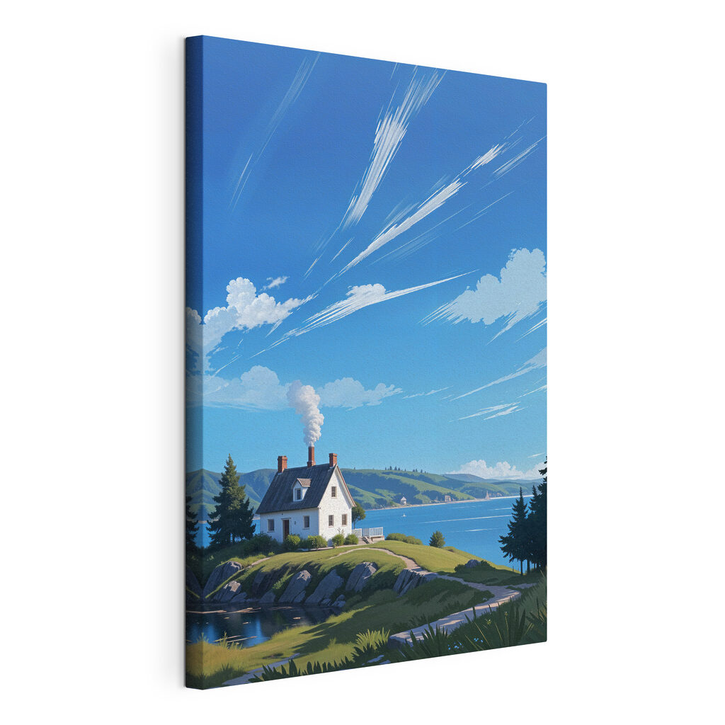 Wit huis onder wolkenstrepen, gespannen canvas met doorlopende rand