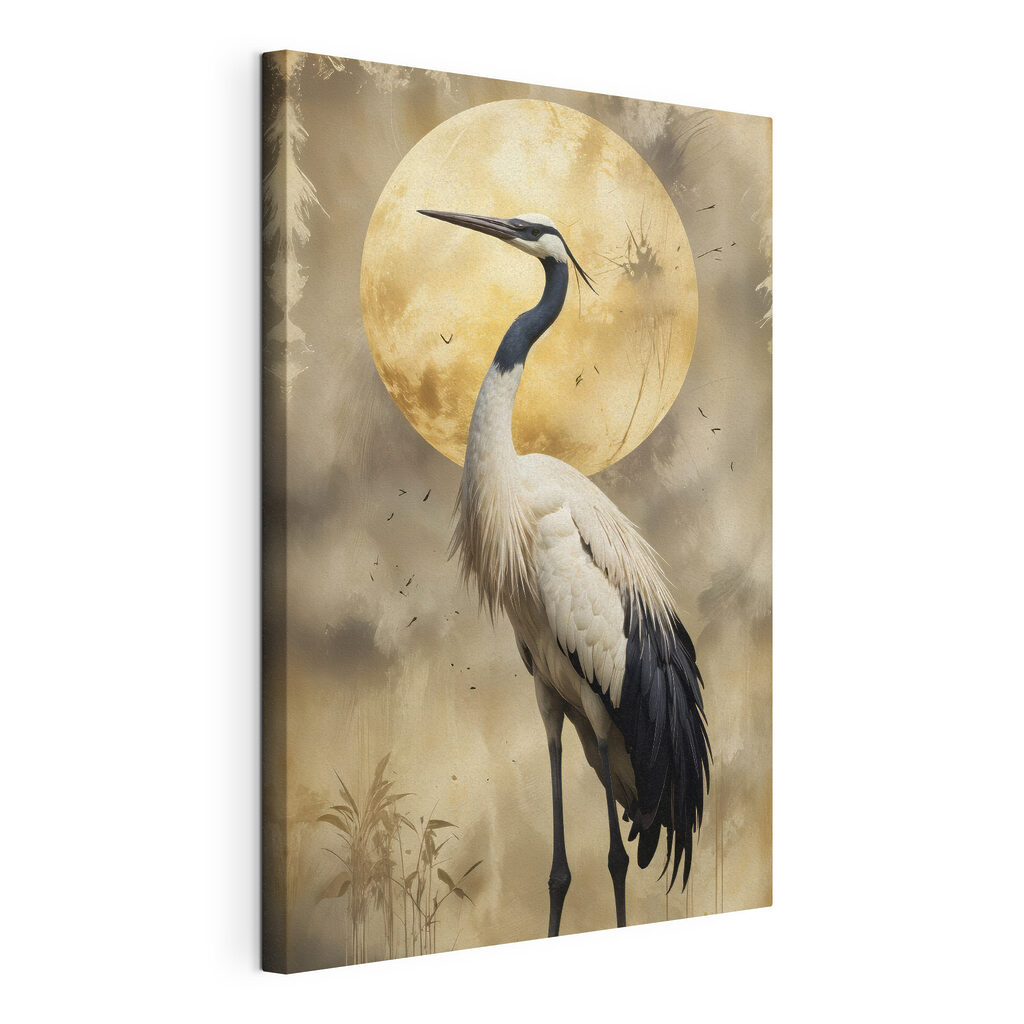Kraanvogel voor gouden maan, gespannen canvas met doorlopende rand