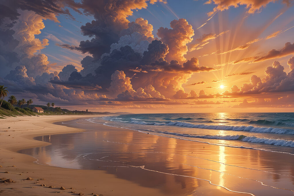 Avondgloed langs een zandstrand — volledig ontwerp