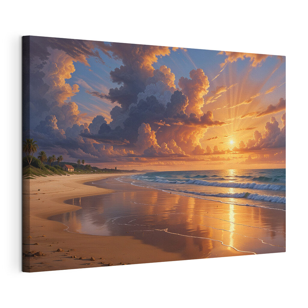 Avondgloed langs een zandstrand, gespannen canvas met doorlopende rand