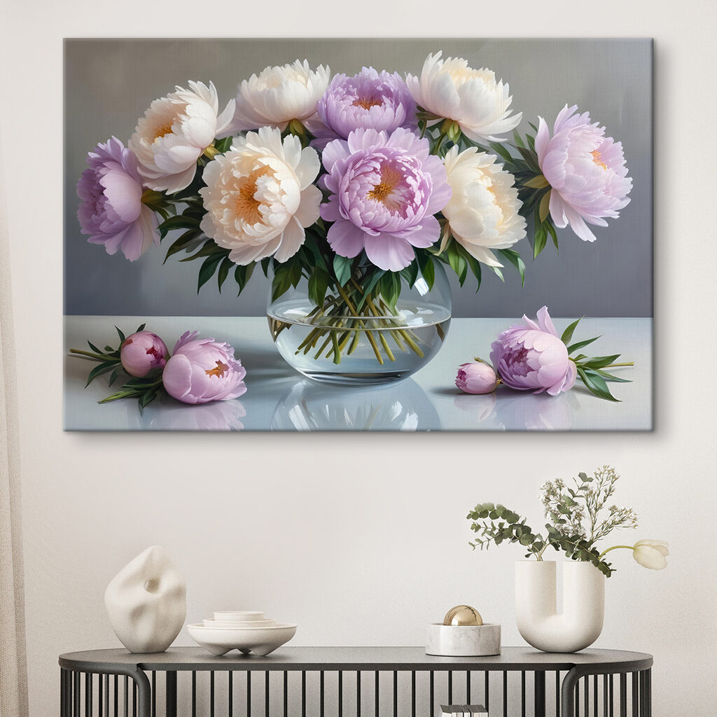 Lila pioenrozen in spiegelglas — interieur 2