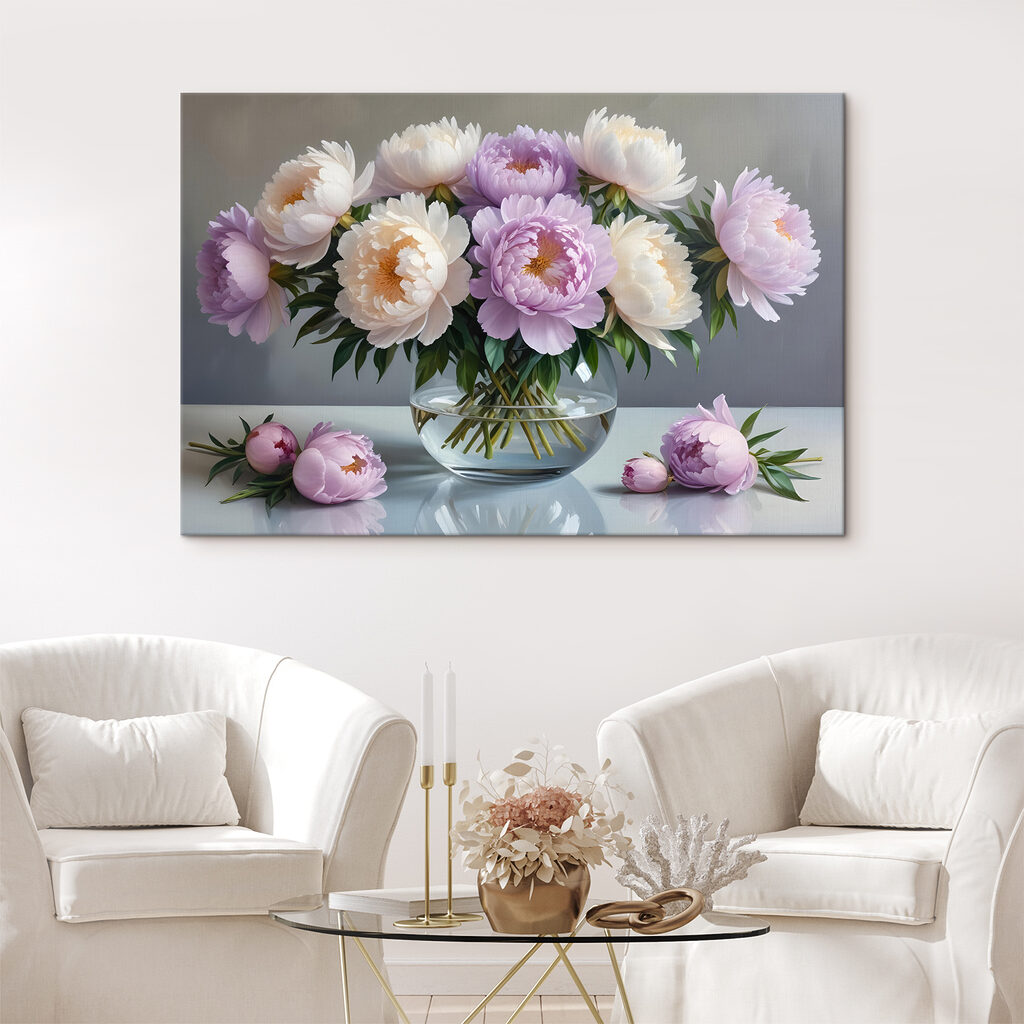 Lila pioenrozen in spiegelglas — interieur 1
