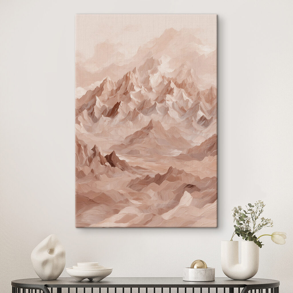 Roze bergtoppen in mist — interieur 1
