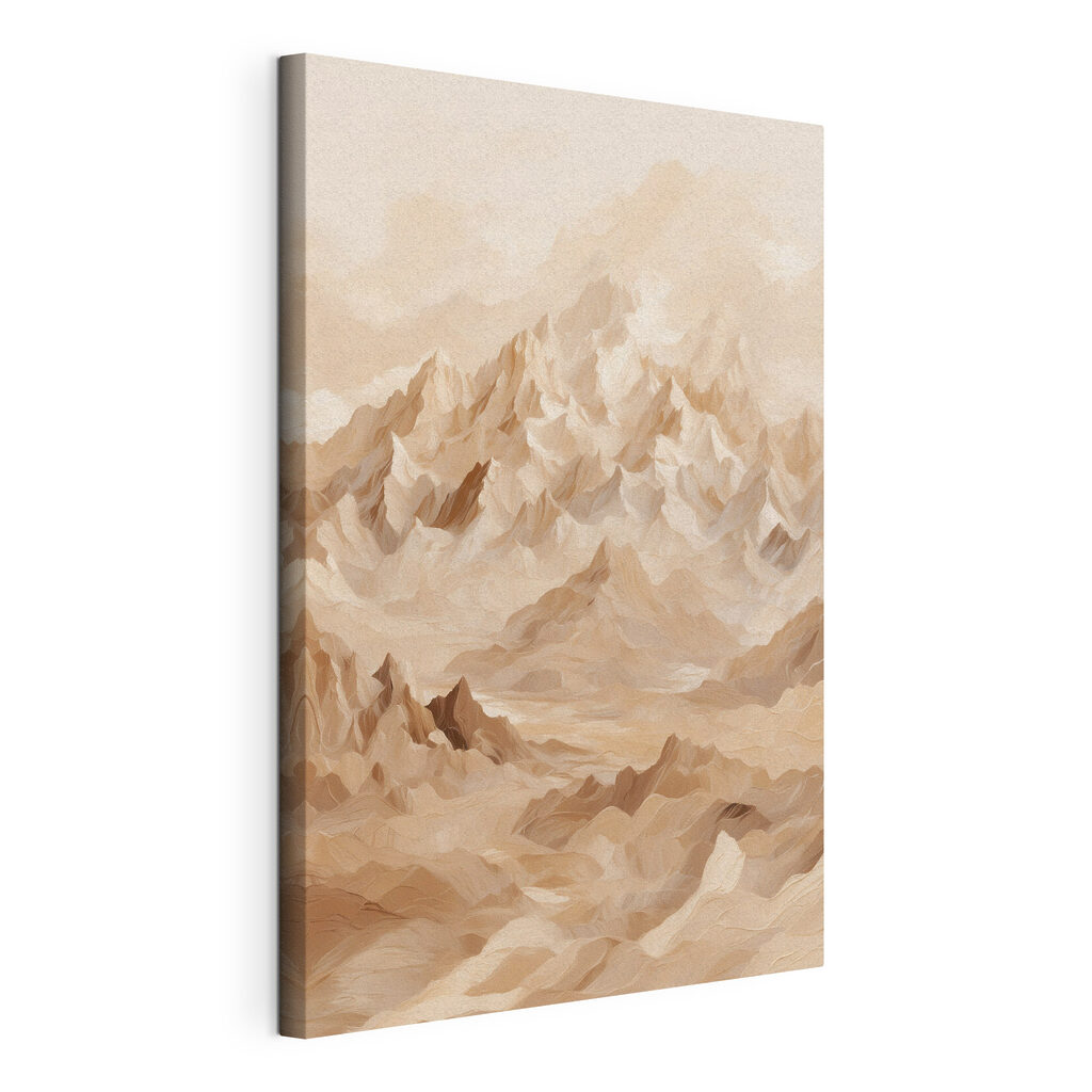 Roze bergtoppen in mist, gespannen canvas met doorlopende rand