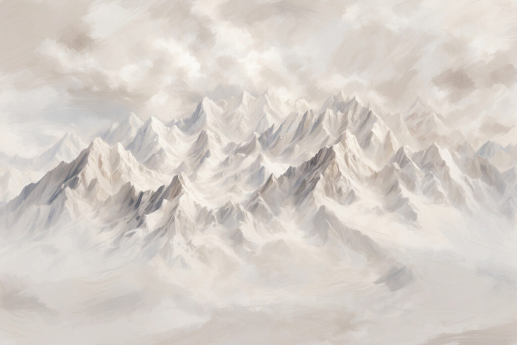 Witte bergtoppen boven wolken — volledig ontwerp