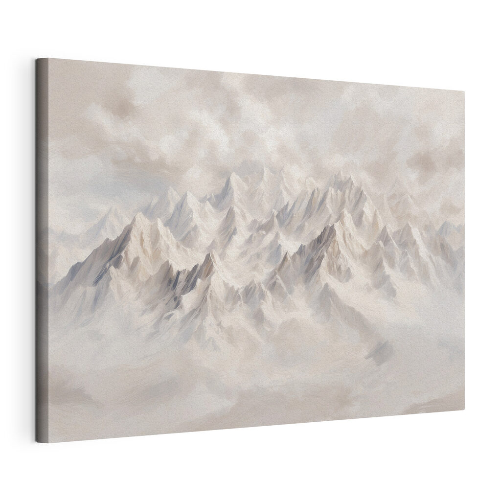 Witte bergtoppen boven wolken, gespannen canvas met doorlopende rand