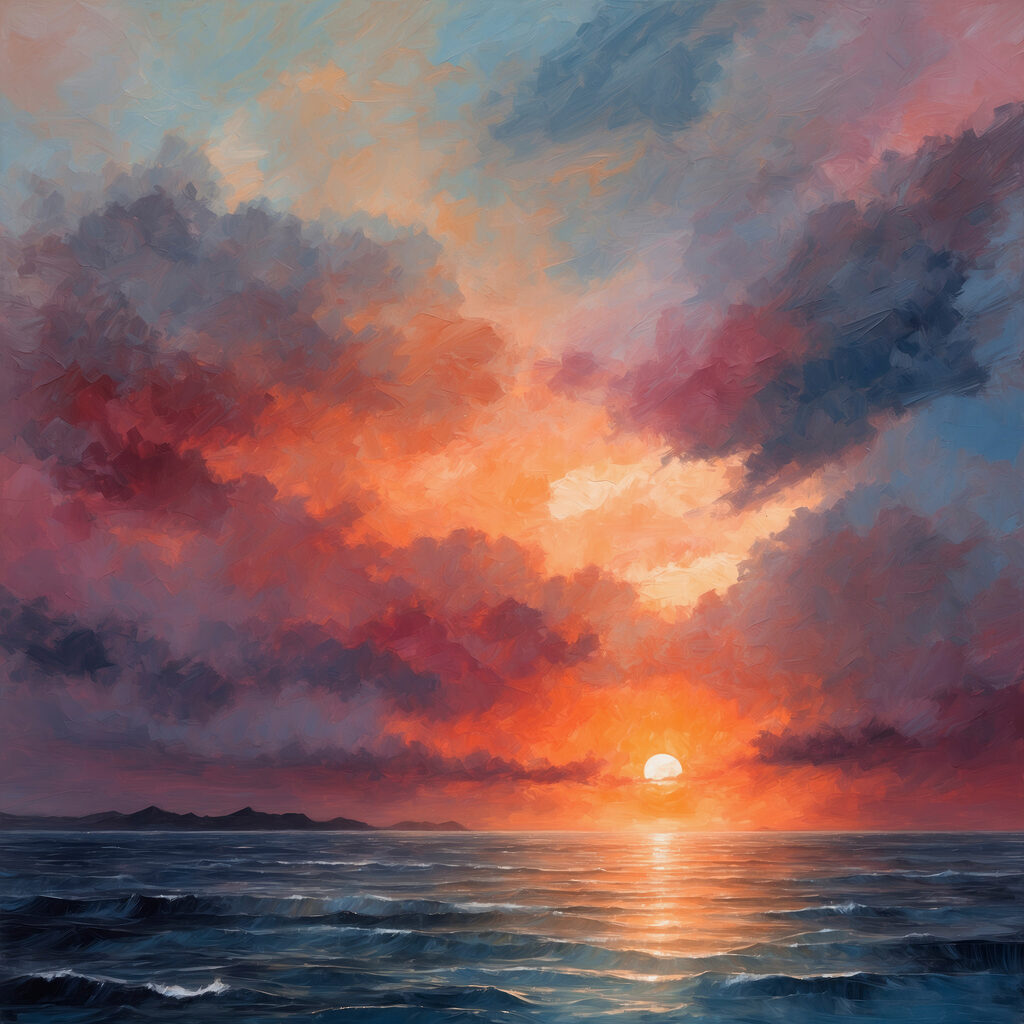 Avondzon tussen paarse zeewolken — volledig ontwerp
