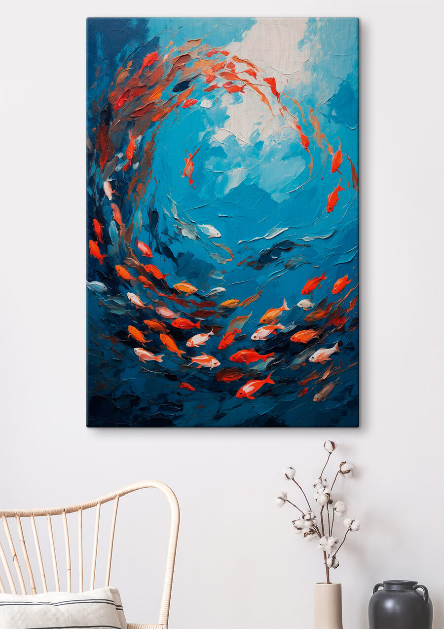 Vissen vormen een kleurenkring in een interieur