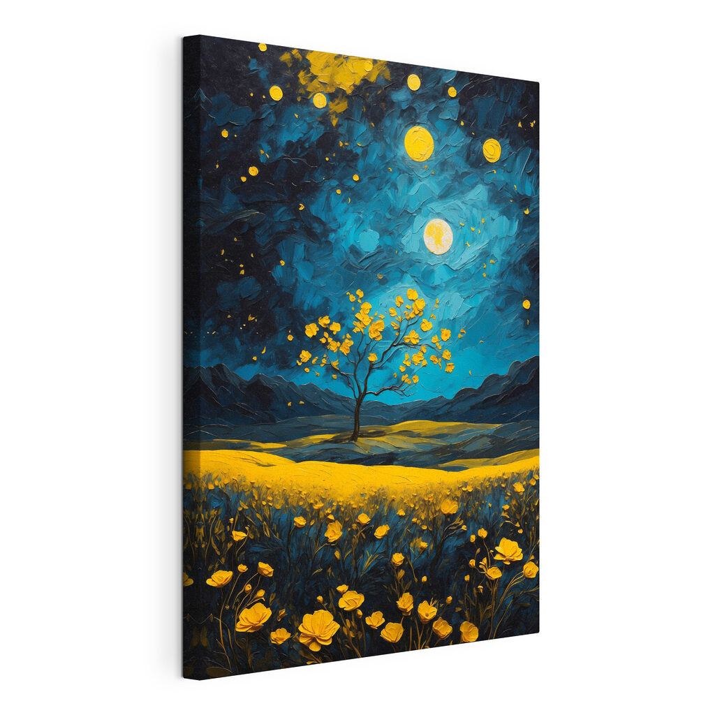 Gouden bloemen onder manen, gespannen canvas met doorlopende rand