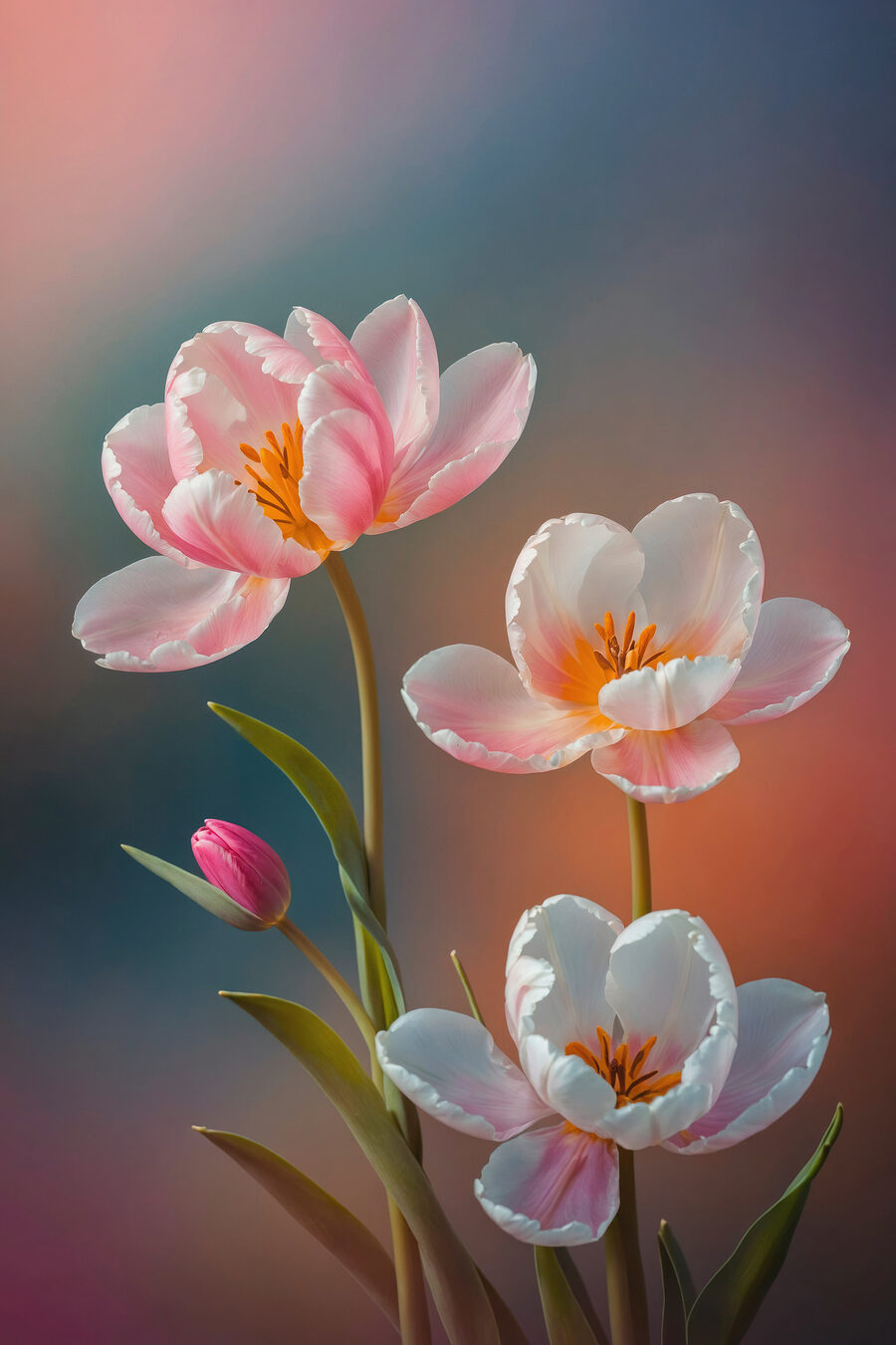 Drie bloemen in pasteltinten — volledig ontwerp